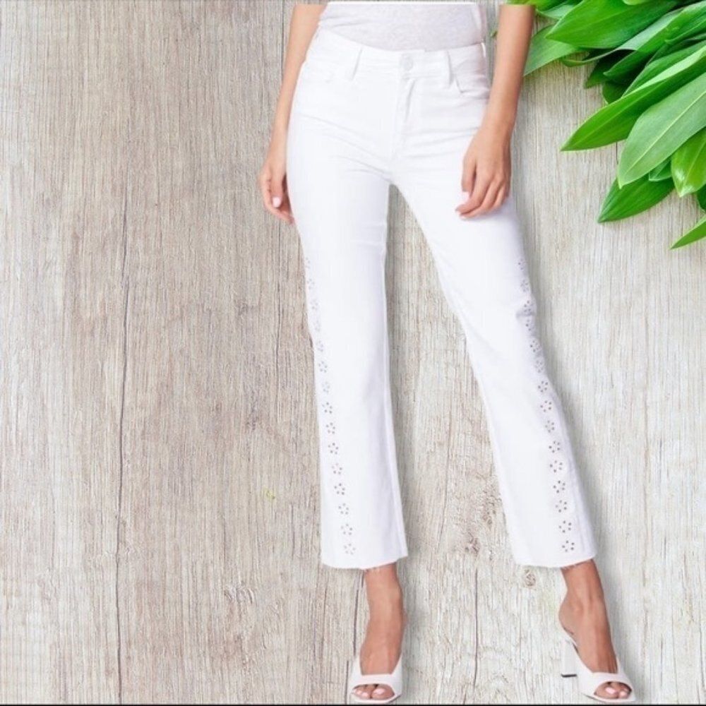Paige Cindy Laser Daisy Raw Hem Jeans in Crisp White 23
